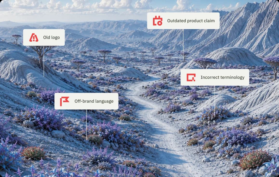 Snowy blue landscape with flags marking outdated and off-brand content
