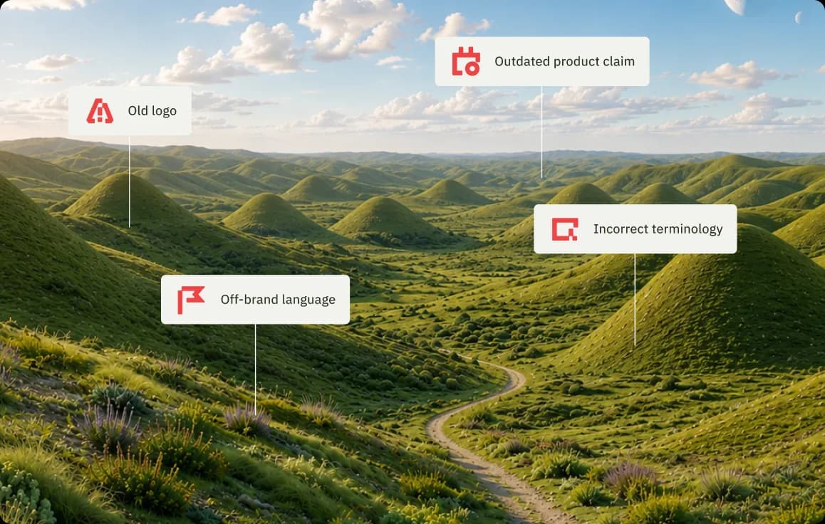 Rolling green hills with flags marking outdated and off-brand content