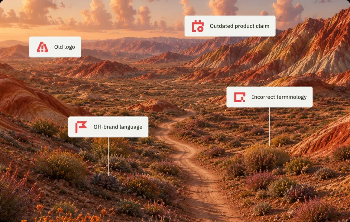 Desert landscape with flags marking outdated and off-brand content