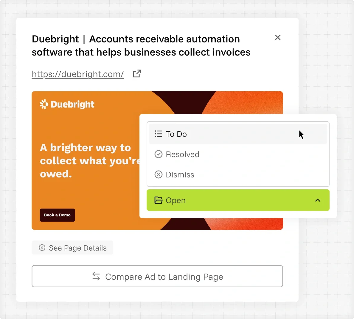 Issue list comparing ad creatives to their landing pages